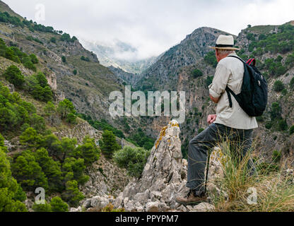 Homme portant chapeau Panama admirant gorge de montagne vue, Sierras de Tejeda, parc naturel, l'Axarquia Andalousie, Espagne Banque D'Images