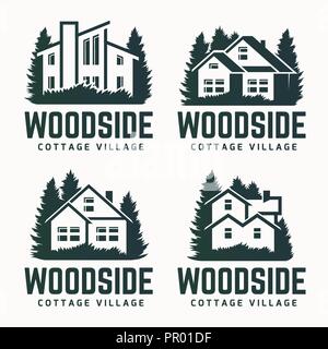 Logo Vector dessin d'une silhouette d'arbres et petite maison. Logo pour la réparation et la construction de maison. Illustration de Vecteur