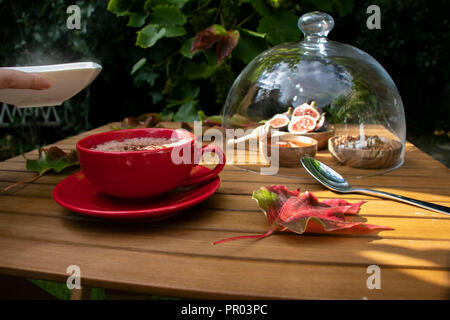 Petit-déjeuner rustique de l'automne bol de porridge, chocolat, figues dans apple orchard garden Banque D'Images