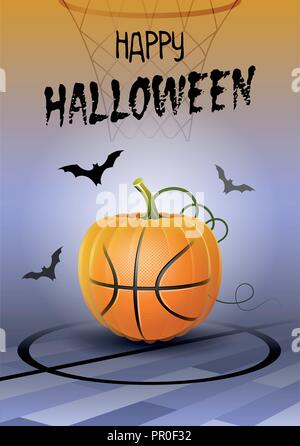 Happy Halloween. Sports Carte de vœux. Ballon de basket-ball réaliste dans la forme d'une citrouille. Vector illustration. Illustration de Vecteur