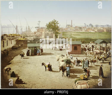 Tollyard au pont avec le bétail et les produits agricoles, Le Caire, Égypte, l'octroi au pont du Nil no 2 Basse Egypte Janvier Banque D'Images