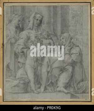 Sainte Famille avec saint Jean Baptiste adorée par un Figure ; Bartolomeo Cesi, Italien, 1556 - 1629, l'Italie ; environ 1590s ; noir Banque D'Images