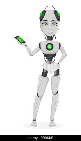 Robot avec l'intelligence artificielle, femme bot. Cute cartoon character holding smartphone. Organisme cybernétique humanoïde. Concept futur. Vector Illust Illustration de Vecteur