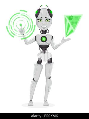 Robot avec l'intelligence artificielle, femme bot. Cute cartoon character travailler avec l'interface holographique. Organisme cybernétique humanoïde. Avenir concep Illustration de Vecteur