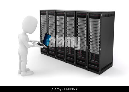 3d man avec ordinateur portable et les ordinateurs serveur Banque D'Images