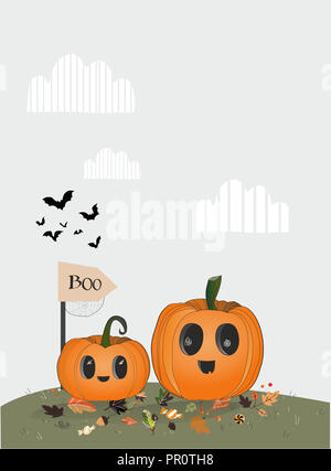 Deux heureux et mignon pumpkins debout avec banner et description boo, autour de feuilles sur l'herbe. La décoration et les symboles d'Halloween. Gris, orange et vert. Banque D'Images