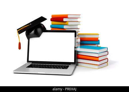 Ordinateur portable 3d et des livres sur fond blanc Banque D'Images
