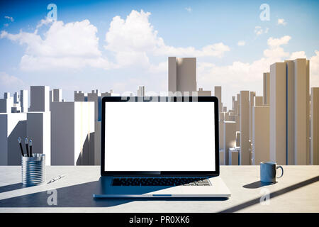 Travail de bureau 3d avec ville en arrière-plan Banque D'Images