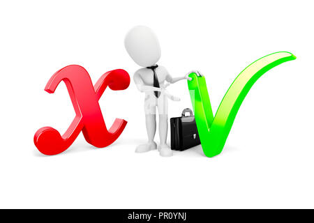 3d homme debout entre les symboles positifs et négatifs Banque D'Images