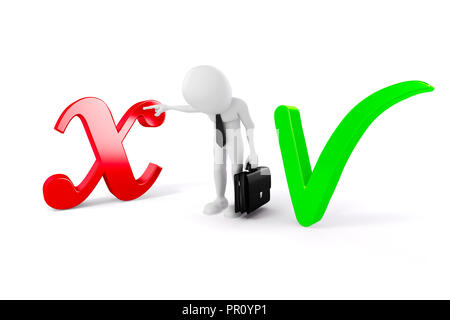 3d homme debout entre les symboles positifs et négatifs Banque D'Images