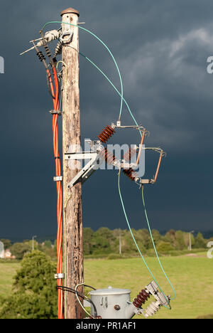 11KV interrupteur fusible pôle et unités sur une phase deux transformateurs sur poteau 240V pour alimenter l'installation radio com. Banque D'Images