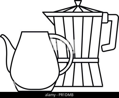 Cafetière et céramique pitcher banner vector illustration ligne mince Illustration de Vecteur