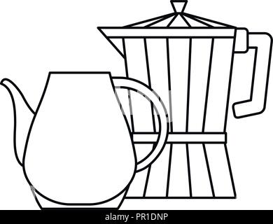 Cafetière et céramique pitcher vector illustration ligne mince Illustration de Vecteur