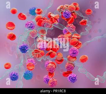 La leucémie, conceptual image composite. La microscopie électronique à balayage (MEB) et de l'image générée par ordinateur (CGI) d'ADN (acide désoxyribonucléique) hélices (molécules) et rouges et blancs. La leucémie est un cancer des cellules de sang blanches. Les leucémies sont causés par des mutations dans l'ADN des cellules sanguines. Ces mutations génétiques changer la façon dont les cellules sanguines se reproduire et peut également les empêcher de fonctionner correctement. Finalement, les cellules sanguines anormales d'évincer les cellules sanguines saines et peut bloquer la moelle osseuse de produire plus de cellules saines. Banque D'Images