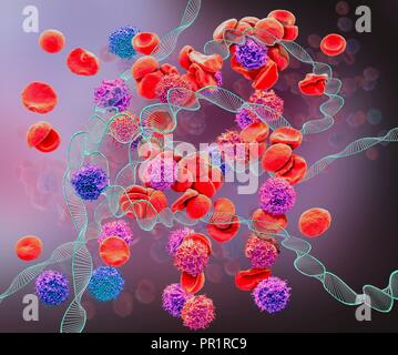 La leucémie, conceptual image composite. La microscopie électronique à balayage (MEB) et de l'image générée par ordinateur (CGI) d'ADN (acide désoxyribonucléique) hélices (molécules) et rouges et blancs. La leucémie est un cancer des cellules de sang blanches. Les leucémies sont causés par des mutations dans l'ADN des cellules sanguines. Ces mutations génétiques changer la façon dont les cellules sanguines se reproduire et peut également les empêcher de fonctionner correctement. Finalement, les cellules sanguines anormales d'évincer les cellules sanguines saines et peut bloquer la moelle osseuse de produire plus de cellules saines. Banque D'Images