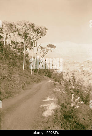 Jebel Sunnin & Beskinta village. La route à l'entrée à Beskinta. 1945, Liban, Biskintā Banque D'Images