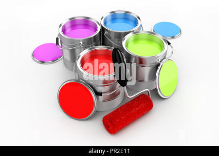 3D render of pot de peinture colorés sur fond blanc Banque D'Images