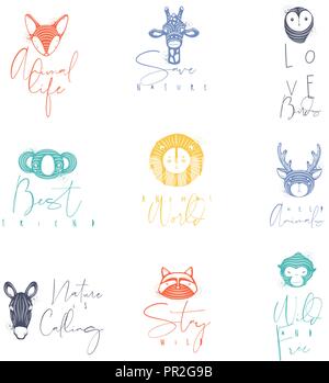 Série d'animaux d'authentiques signes graphiques fox, girafes, OWL, panda, lion, antilope, cheval, chat, singe avec lettrage dessin dans différentes couleurs Illustration de Vecteur