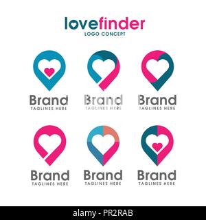 L'axe de l'amour, l'amour du logo Le logo du Finder, l'amour avec l'icône de réservation coeur romantique,date lieu symbole, logo illustration. Illustration de Vecteur