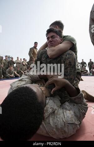 Golfe d'ADEN (28 juillet 2017) U.S. Marine Corps Lance Cpl. Michael Liptak, centre, avec 3e Bataillon, 6e de marine (3/6), se débat contre deux autres marines avec 3/6 sur le pont du USS Carter Hall (LSD 50), le golfe d'Aden, le 28 juillet 2017, au cours d'un défi a diet Teufel. La 24e unité expéditionnaire de Marines est actuellement déployée dans la 5e flotte américaine zone d'opérations à l'appui d'opérations de sécurité maritime visant à rassurer les alliés et les partenaires et de préserver la liberté de navigation et la libre circulation du commerce dans la région. Banque D'Images