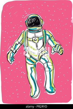Hand drawn vector illustration numérique ou le dessin d'un astronaute et fond rose Illustration de Vecteur