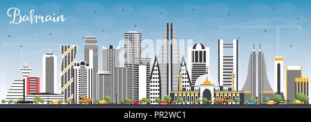 Bahrain City Skyline avec les immeubles gris et bleu ciel. Vector Illustration. Les voyages d'affaires et tourisme Concept avec l'architecture moderne. Bahrain City Illustration de Vecteur