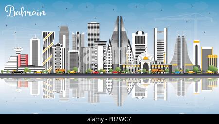 Bahrain City Skyline avec bâtiments gris, ciel bleu et des réflexions. Vector Illustration. Les voyages d'affaires et tourisme Concept avec l'architecture moderne. Illustration de Vecteur