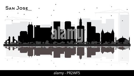 San Jose California City skyline silhouette noir et blanc avec des reflets. Concept simple pour le tourisme présentation, bannière, un placard ou web. Illustration de Vecteur