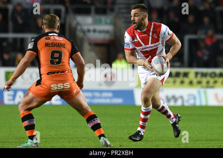 27 SEPTEMBRE 2018 , Stade AJ Bell, Manchester, Angleterre ; Super League Betfred qualificatifs, Salford Red Devils v Toulouse Olympique, Luke Douglas de St Helens cherche la note de crédit : Richard Long/News Images Banque D'Images