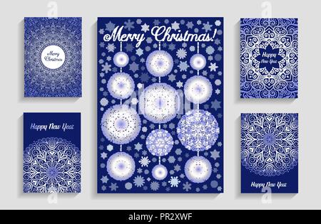 Cartes de Noël avec des flocons de Mandala sur fond bleu Illustration de Vecteur