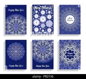 Cartes de Noël avec des flocons de Mandala sur fond bleu Illustration de Vecteur