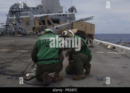 Océan Pacifique (24 juillet 2017) marines affectés à la 15e unité expéditionnaire de marines de l'aviation de l'élément de combat se préparent à lancer le RQ-21un nerf de l'envol du quai de transport amphibie USS San Diego (LPD 22). Les progrès en transformation Blackjack favorise l'espace de combat et la connaissance de la commande l'amélioration de la capacité létale et manifestation du Groupe de travail air-sol marin. San Diego, une partie de l'Amérique du groupe amphibie, à 15e Marine Expeditionary Unit, fonctionne dans la région du Pacifique Indo-Asia de renforcer les partenariats et servir de Banque D'Images