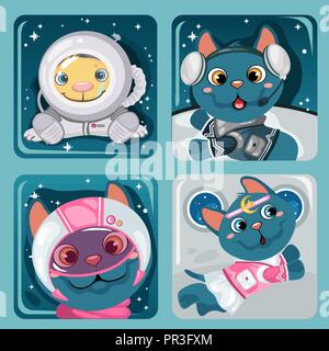 Cute affiche avec les petits chats volants. Exemple de conception d'un placard ou carte avec animaux drôles. Le voyage de chats dans l'espace. Cartoon Vector illustration close-up. Illustration de Vecteur