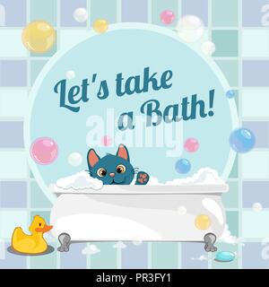 Cute affiche avec un bain dans la baignoire un chaton. Cartoon Vector illustration close-up. Illustration de Vecteur