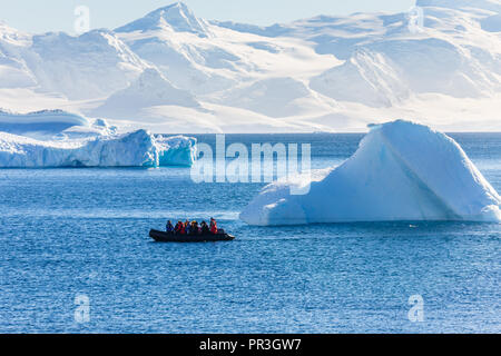 Voile plein de touristes en passant par les énormes icebergs dans la baie près de Cuverville island, Antarctic peninsula Banque D'Images