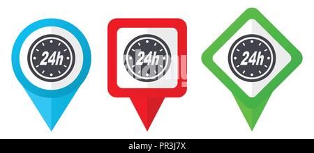 24h rouge, bleu et vert pointeurs vecteur d'icônes. Ensemble de points de repères colorés isolé sur fond blanc facile à modifier. Illustration de Vecteur