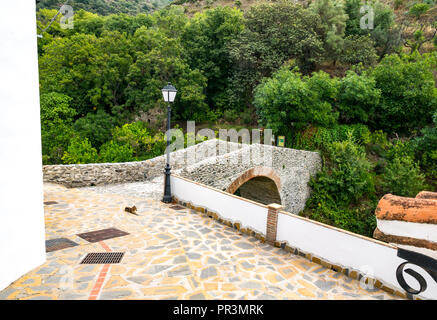 Vieux pont romain "pavées" en route mudéjar Mountain Village, Salares, Axarquía, Andalousie, Espagne Banque D'Images