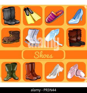 Ensemble de chaussures pour toutes les occasions. Esquisse pour maison de sticker, carte ou invitation à une fête. Le sport, la fête, les chaussures. Patins, ballerines, bottes nordiste unty. Cartoon Vector illustration close-up. Illustration de Vecteur