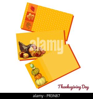 Ensemble de croquis de carte ou partie privée invitations avec l'espace pour votre texte dans le genre de vacances jour de Thanksgiving isolé sur fond blanc. Cornucopia ou corne d'abondance. Vector cartoon close-up. Illustration de Vecteur