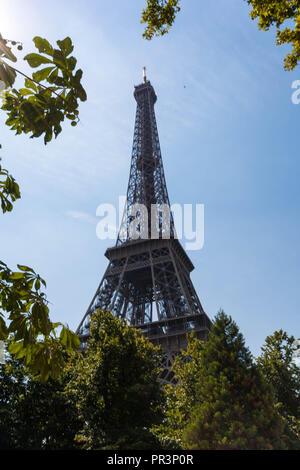 Tour Eiffel encadrée dans les arbres pendant la journée d'été ensoleillée,Paris,France Banque D'Images