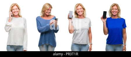 Collage de belle femme blonde d'âge moyen à l'aide de blackberry sur fond isolé blanc avec un visage heureux et permanent avec un sourire confiant sm Banque D'Images