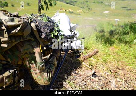 Un parachutiste de l'Armée américaine affecté au 2e Bataillon, 503e Régiment d'infanterie, 173e Brigade aéroportée, s'engage au cours d'un exercice de tir réel dans le cadre de l'exercice Rock Knight à Postonja Pocek en gamme, la Slovénie, le 25 juillet 2017. L'exercice Rock Knight est un exercice d'entraînement bilatéral entre l'armée américaine 173e Brigade aéroportée et les forces armées slovènes, portait sur des petites unités tactiques et faire fond sur les enseignements tirés, en forgeant des liens et améliorer la réceptivité entre les forces alliées. La 173e Brigade aéroportée de l'armée américaine est la force de réaction d'urgence en Europe, fournissant rapidement-d Banque D'Images