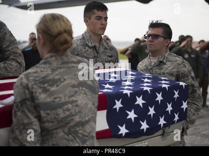 Une équipe de l'US Air Force faire transfert déplace des caisses contenant possible reste de service non identifiés lors d'un des membres honorables transporter à Offutt Air Force Base (AFB), New York, le 13 septembre 2018. Le contenu des cas, récemment rapatriés d'Allemagne et de la France, seront transportés à la défense POW/MIA laboratoire de l'Agence Comptable à Offutt AFB pour l'identification. Banque D'Images
