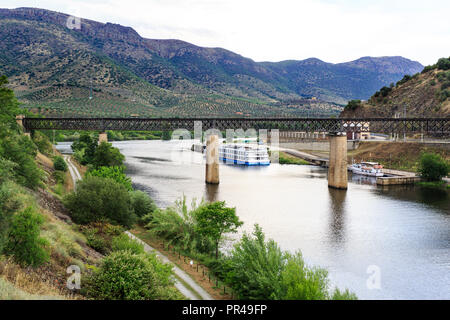 Vue du pont ferroviaire sur la rivière Agueda, reliant le Portugal à l'Espagne et maintenant désactivée depuis 1985, à Barca de Alva, près de th Banque D'Images