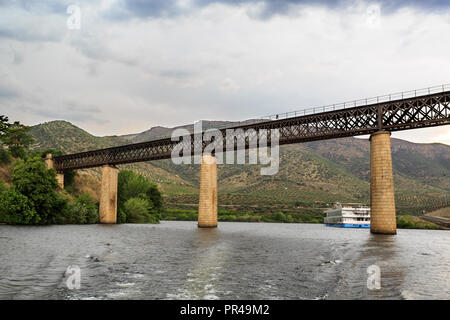 Vue du pont ferroviaire sur la rivière Agueda, reliant le Portugal à l'Espagne et maintenant désactivée depuis 1985, à Barca de Alva, près de th Banque D'Images