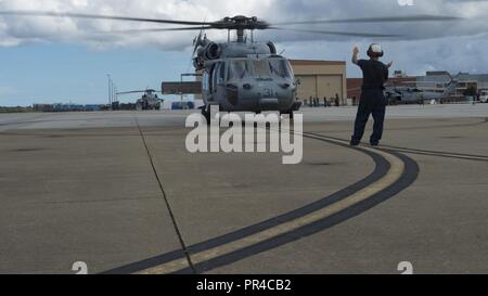 La NORFOLK (sept. 11, 2018) en prévision de l'arrivée de l'ouragan Florence, un MH-60S Sea Hawk helicopter hélicoptère de combat à la mer de l'Escadron (HSC) 28 se prépare à évacuer Norfolk Naval Station d'assurer la sécurité du personnel et éviter les dommages à l'actif de la Marine comme d'une mesure proactive. Plus de 100 routes de Hampton basé aéronefs affectés à la Marine, commandant de l'Atlantique de la Force aérienne ont quitté la région à la suite de l'orage. Les avions sont détournés de leurs bases en six autres États qui ne sont pas menacées par l'ouragan. Commandant, Commandement de la flotte américaine a ordonné à tous les navires de la marine américaine en Banque D'Images