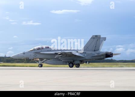 VIRGINIA BEACH, en Virginie (sept. 11, 2018) En vue de l'arrivée de l'ouragan Florence, un F/A-18F Super Hornet de Strike Fighter Squadron (VFA) 32 attend de partir Naval Air Station Oceana dans le cadre de l'évacuation des initiatives visant à assurer la sécurité du personnel et éviter les dommages à l'actif de la Marine comme d'une mesure proactive. Plus de 100 routes de Hampton basé aéronefs affectés à la Marine, commandant de l'Atlantique de la Force aérienne ont quitté la région à la suite de l'orage. Les avions sont détournés de leurs bases en six autres États qui ne sont pas menacées par l'ouragan. Commandant, Commandement de la flotte américaine a ordonné Banque D'Images