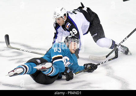 Loveland, Colorado, USA. 28 Sep, 2018. San Jose avant de Barracuda Jeffrey Viel (63) entre en collision avec le Colorado Eagles avant Caleb Herbert (29) dans leur match de hockey à l'AHL Budweiser Events Center à Loveland, Colorado. San Jose a gagné 5-3. Russell Hons/CSM/Alamy Live News Banque D'Images