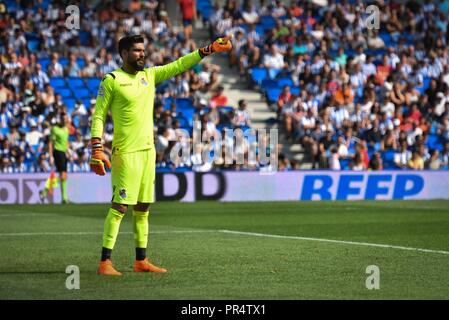 Miguel Angel Moya de la Real Sociedad lors de la ligue espagnole match de football entre le Real Sociedad et Valence au stade Anoeta le 29 septembre 2018 à San Sebastian, Espagne Cordon Press Banque D'Images