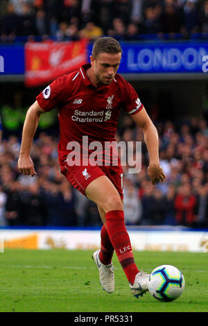 Londres, Royaume-Uni. 29 septembre 2018. Jordan Henderson de Liverpool en action. Premier League, Chelsea v Liverpool au Stamford Bridge à Londres le samedi 29 septembre 2018. Cette image ne peut être utilisé qu'à des fins rédactionnelles. Usage éditorial uniquement, licence requise pour un usage commercial. Aucune utilisation de pari, de jeux ou d'un seul club/ligue/dvd publications. pic par Steffan Bowen/ Andrew Orchard la photographie de sport/Alamy live news Banque D'Images